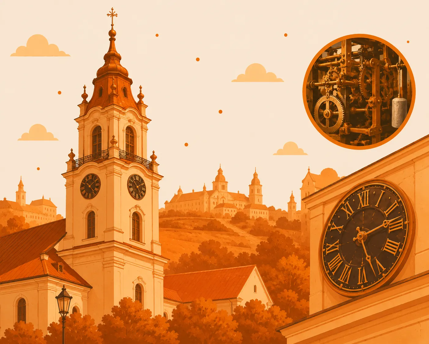 На башне Фарного костёла работают часы XVIII века. 